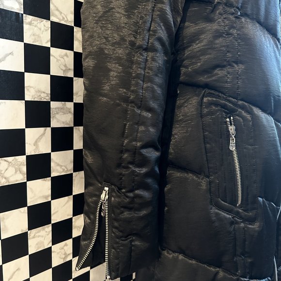 BEBE Long Black Satin Down Puffer Coat SIZE SM - Picture 6 of 10